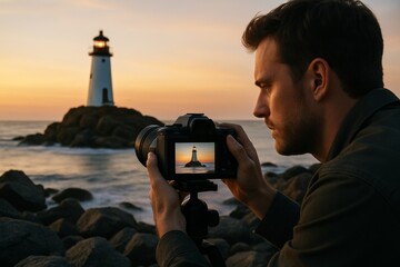 Male photographer capturing lighthouse image during sunset using digital camera with scenic ocean background and warm natural light glow. Ai generative
