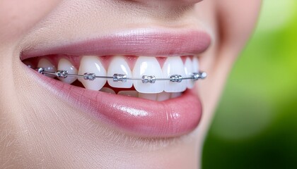 Obraz premium A clean macro shot of ceramic braces on white teeth, emphasizing transparent brackets and a natural aesthetic look.