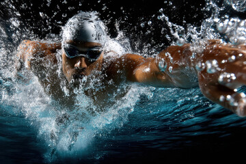 Swimmer gliding through water with powerful strokes during evening training session
