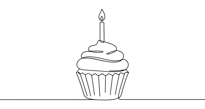 Cupcake icon. Black cupcake with a candle and cream, written in one continuous line. Vector illustration of holiday dessert