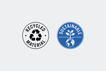 Recycled material and sustainable earth icons circular badges with recycling symbol and plant growing from globe isolated on white background