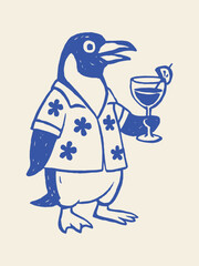 Naklejka premium Penguin with cocktail in Hawaiian shirt cartoon vector illustration