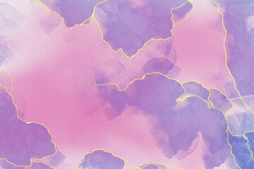 Pink and purple watercolor background with soft gradients and gold-lined abstract shapes