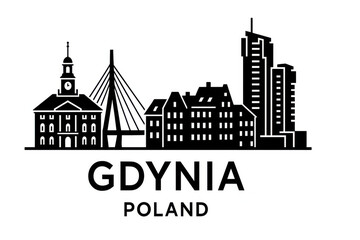 Fototapeta premium Gdynia. Poland Panorama.black and white logo illustration
