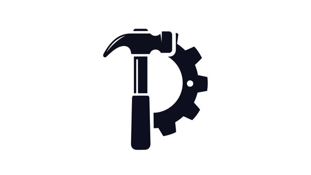 Vector illustration of dark hammer and cogwheel forming creative logo design.