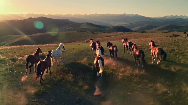 Herd of horses running freely across the open field at sunset in the mountains