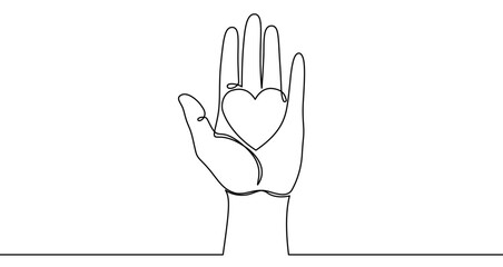 Continuous one line drawing of an open palm holding a heart silhouette. Drawing of help and care with editable black stroke on white background. Vector illustration.