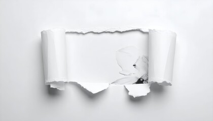 Torn paper reveals a glimpse of a flower in grayscale. Rolled edges and ragged tear