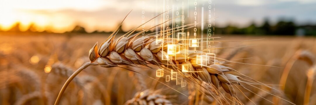 Wheat ears in field with digital blockchain cubes and binary code
 - Powered by Adobe