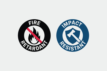 Fire retardant and impact resistant safety icons circular warning symbols for product labeling and industrial use isolated on light gray background