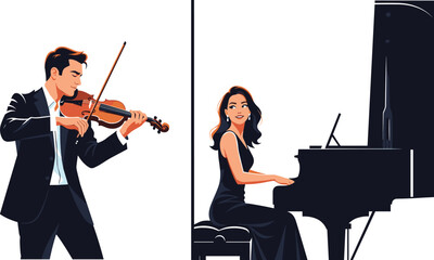 Classical music performance, violin and piano duet, elegant musicians, formal concert attire, artistic collaboration, live recital, harmony, stage, expression, joy © MDMONIRUZZAN