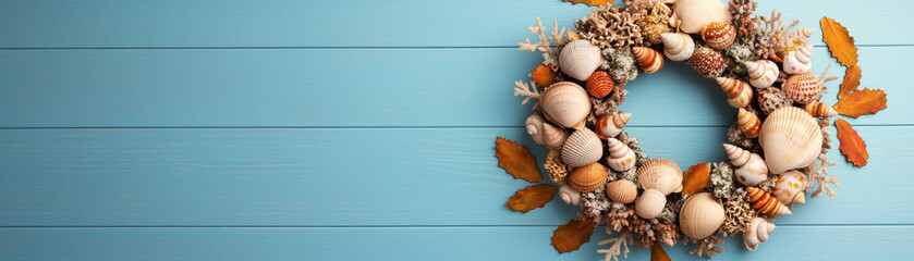 Obraz premium Christmas wreath made of seashells and autumn leaves on blue wooden background creates festive coastal holiday atmosphere
