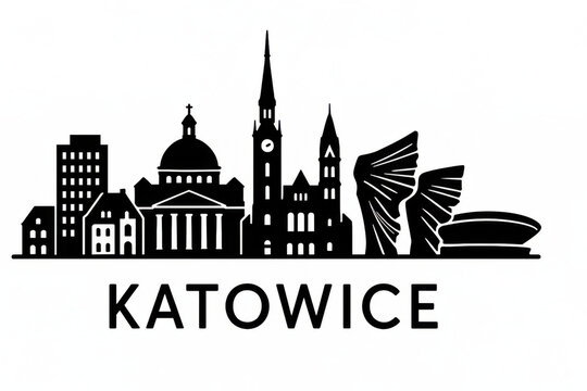 Katowice, Poland Panorama.black and white logo illustration
