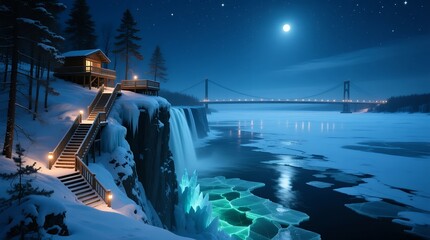 Moonlit snowy cliff cabin beside a frozen waterfall and glowing ice fields