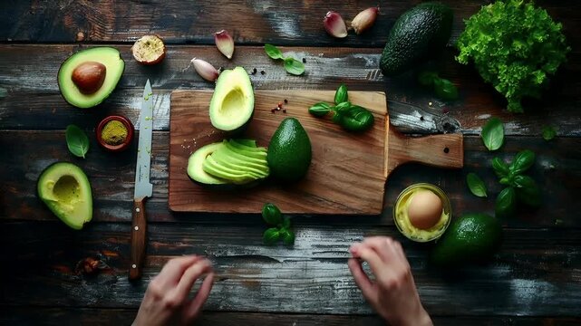 A topdown view of a rustic wooden table showcasing a cutting board with halved avocados, a bowl of eggs, and fresh herbs.
