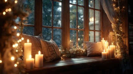 cozy window seat with Christmas candles,