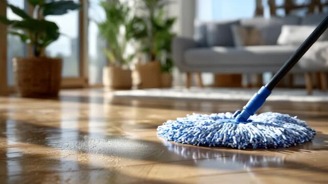 354Close-up of a blue microfiber mop cleaning a glossy oak floor in a bright modern living room filled with natural daylight and soft shadows