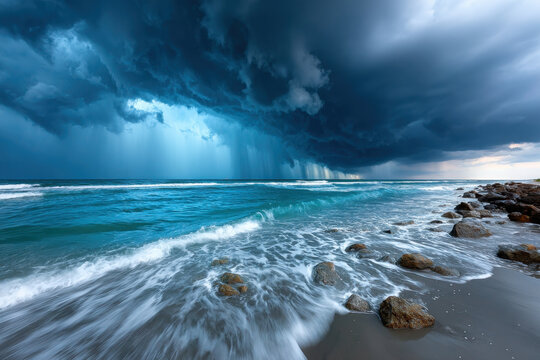 Dramatic ocean waves under stormy sky - Powered by Adobe
