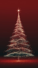 A glowing christmas tree made of golden glittering particles with a star on top on red background