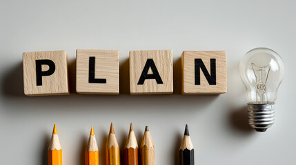  Set of wooden cubes placed in a row with the word plan, a lightbulb and a few pencils on grey background as a symbol of planning and creating a strategy for development 