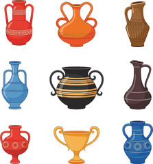 Collection of antique ceramic vases, colorful amphora illustrations, ancient pottery design, decorative clay vessels, vintage urns, historical art objects, museum-quality Greek Roman style
