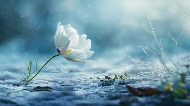 This captures the delicate beauty of a single wildflower blooming amidst the harsh conditions of frozen ground. The flower stands as a symbol of resilience and the promise of spring's arrival.