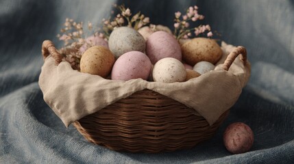 Basket filled with colorful easter eggs. the basket is made of woven straw and is placed on a blue fabric background.