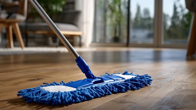 366Blue mop with metal handle in motion across warm-toned wood flooring, natural light highlighting fine grain details in bright contemporary room