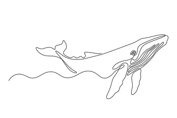 Whale drawn with continuous line in minimalism, abstract style, marine mammal, International Whale Day, one line, editable vector contour