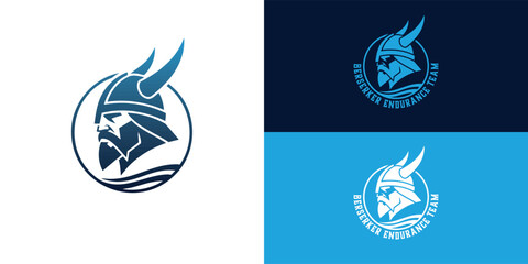 The design features a modern, stylized Viking head in a horned helmet outlined within a circle. Abstract waves beneath the chin symbolize swimming. The design is bold and simple.