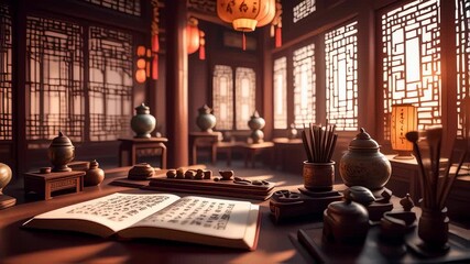 Ancient Chinese Study Room with Open Book and Calligraphy Tools.