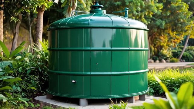 Green Biogas Digester Tank in Lush Tropical Garden for Sustainable Energy Production.