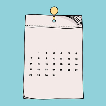 Blank Monthly Calendar Icon Vector Illustration Hanging Isolated on Light Blue Background. Season Concept, Logo for Meeting, Deadlines, Time Management, Appointment Schedule Flat Style Drawing 