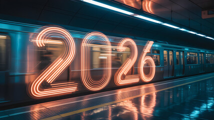 2026 Glowing Light Trails on Fast Moving Subway Train in Modern Underground Station