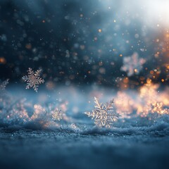 Beautiful winter scene with delicate snowflakes resting on a frosty surface and softly falling snow in the background.