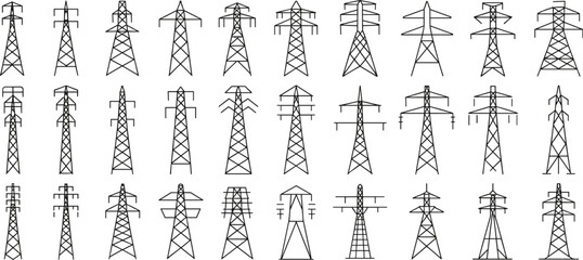 Collection of various electricity transmission towers, high voltage pylons, power lines, and utility poles vector set for energy infrastructure