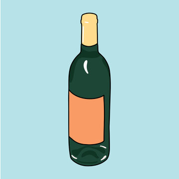 Gold and Green Wine Bottle Isolated on Light Blue Background. with Blank Label Celebration Icon, Party, Christmas, Birthday or Wedding Concept