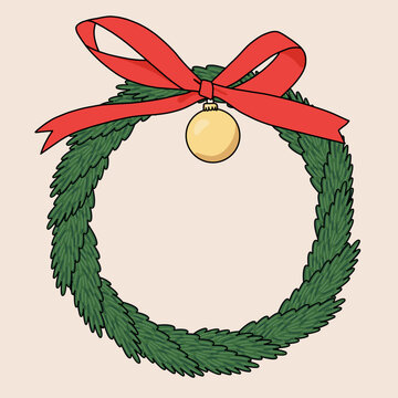 Decorative Christmas Wreath Icon Isolated on Clear Background with Big Red Bow Ribbon and Golden Ball