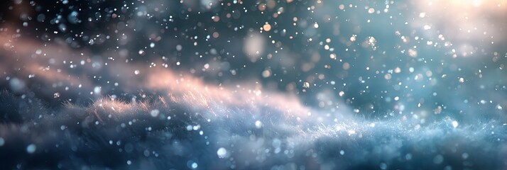 Beautiful winter scene with delicate snowflakes resting on a frosty surface and softly falling snow in the background.