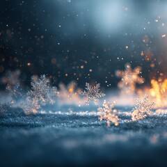 Beautiful winter scene with delicate snowflakes resting on a frosty surface and softly falling snow in the background.