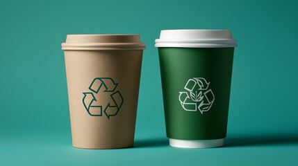Eco-Friendly Recyclable Paper Cups With Recycling Symbol – Sustainable Packaging Concept