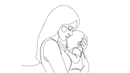 A minimalist line art illustration depicts a mother tenderly holding her baby, showcasing a moment of maternal love and connection.