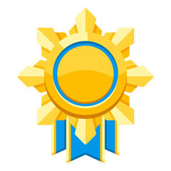 Gold medal with ribbons and rays. Game award for the winners. Illustration of prize for sports competitions.