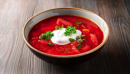Red Soup In Bowl With Sour Cream And Garnish