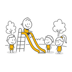 Happy friends enjoying the pure joy of sliding down a slide in a sunny park.