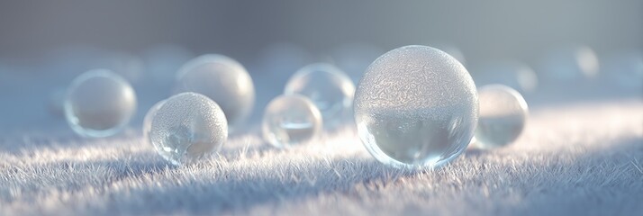 Glass spheres on frosty surface with soft winter light