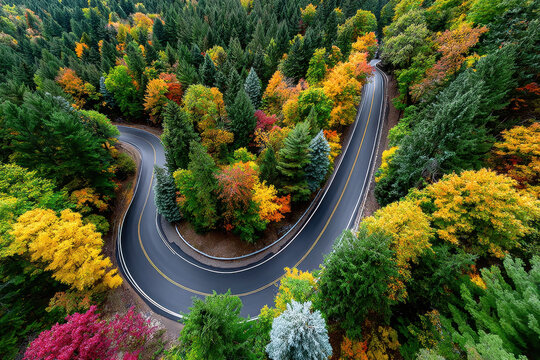 Winding Road Through Vibrant Autumn Forest - Powered by Adobe