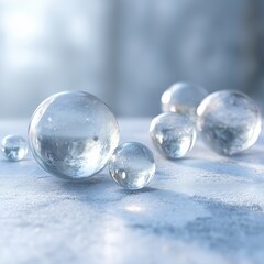Glass spheres on frosty surface with soft winter light