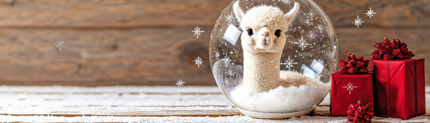 Obraz premium Christmas alpaca decoration in snow globe with red gift box and snowflake on wooden background creates festive joyful holiday scene