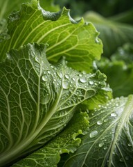 Closeup photography of fresh green lettuce leaves in vibrant detail capturing textures and water droplets in a natural setting